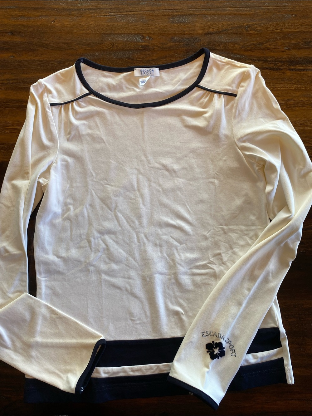 ESCADA SPORT Ivory & Black Rhinestone Hibiscus Long Sleeve Top